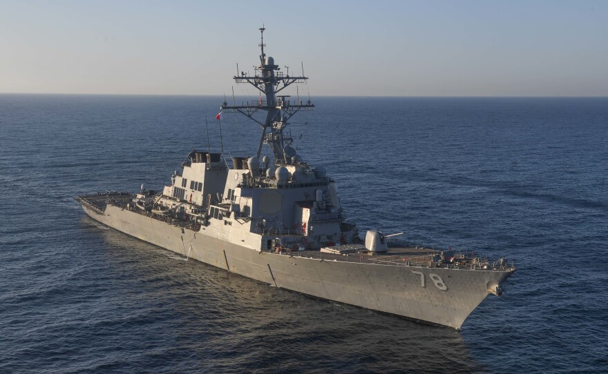 The guided-missile destroyer USS Porter transits the Mediterranean Sea on March 9. The more than 50 Tomahawk missile strikes were carried out against Shayrat air base in Homs province from the USS Porter and USS Ross in the Eastern Mediterranean.