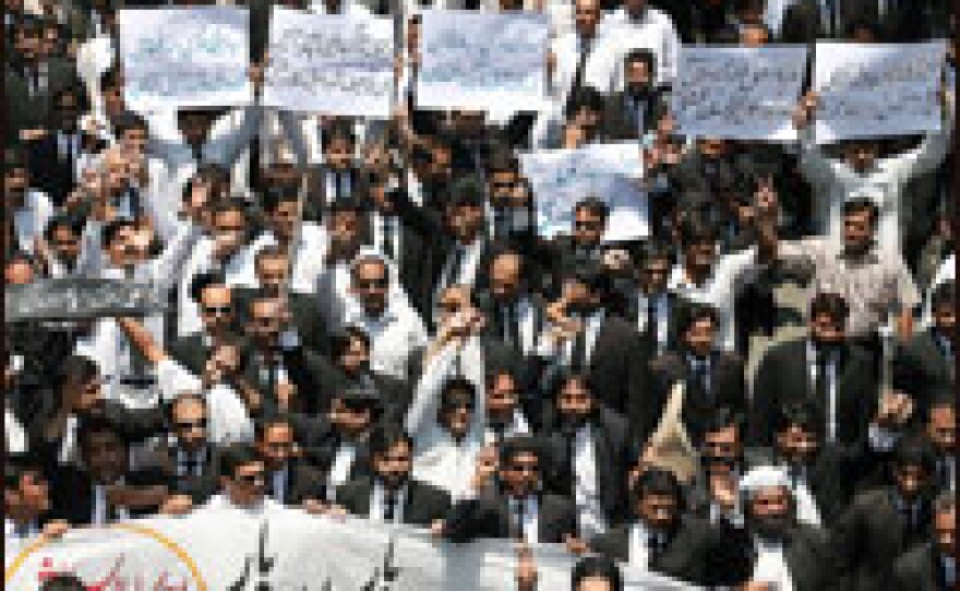 Pakistani lawyers march and chant slogans against President Gen. Pervez Musharraf during a rally May 31, 2007, in Lahore.