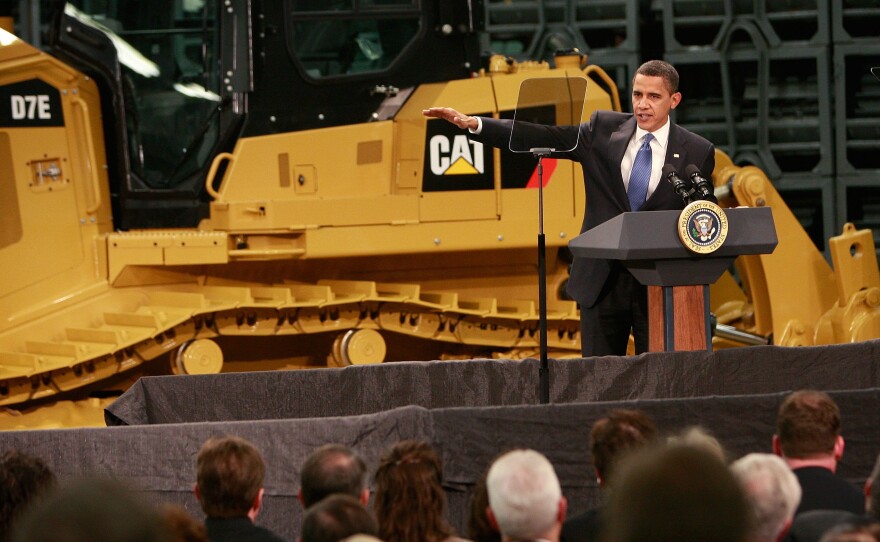 President Barack Obama speaks to workers at a Caterpillar plant about creating jobs and stimulating the economy on February 12, 2009 in East Peoria, Illinois. Stung by the global recession, Caterpillar announced in January it would cut more than 20,000 jobs.