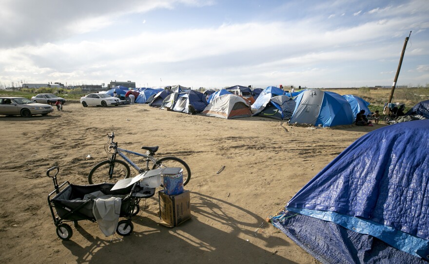 An encampment in north Denver, populated by South and Central American immigrants who've arrived to Colorado in the last year. Apri 24, 2024.