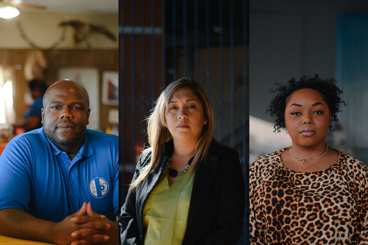 From left: Becoming Project director William Cooper, ACLU Imperial Valley director Crystal Quezada and Imperial Valley Social Justice Committee organizer Kamika Mitchell pose for portraits in mid-October. Their coalition is hoping to register hundreds of new voters and get people energized about casting their ballots ahead of the 2024 November election.