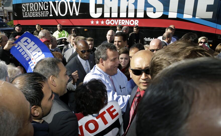 New Jersey Gov. Chris Christie greets supporters on the eve of the election in a race that looks like a launchpad for a 2016 presidential run.