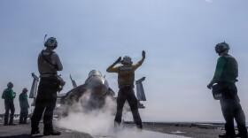An F/A-18E Super Hornet prepares to launch from the flight deck of the aircraft carrier USS Abraham Lincoln in support of Operation Epic Fury on Feb. 28, 2026.