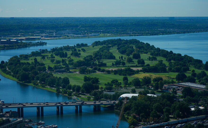 The East Potomac Park Golf Course is seen from the Washington Monument, Tuesday, Sept. 15, 2026, in Washington.