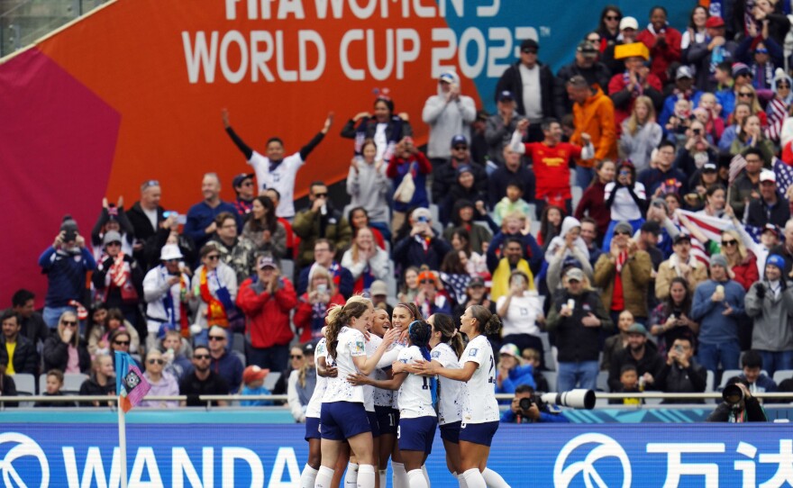 United States players celebrate after Sophia Smith (11) scored their first goal of the Women's World Cup against Vietnam on July 22, 2023. Referees have been adding plenty of extra time due to injuries, substitutions and goal celebrations.