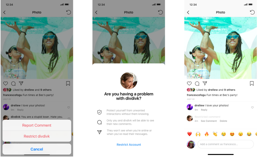 Once you've restricted an Instagram user, comments on your posts from that person require your approval. You can see the comment and so can the bully, but unless you choose to release it, no one else can.