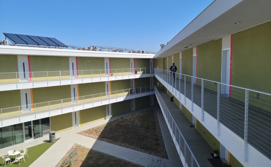 The courtyard at the Ivy Apartments in Clairemont is shown, surrounded by the apartment units on March 18, 2022.