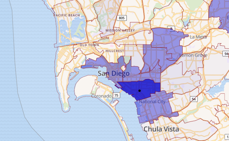 A map shows the poverty rate in the San Diego region. The two maps indicate the highest concentration of drivers license suspensions for failure to appear or failure to pay tickets overlaps with the highest poverty rates in Logan Heights, Golden Hill, North Park, City Heights, College Grove and National City.