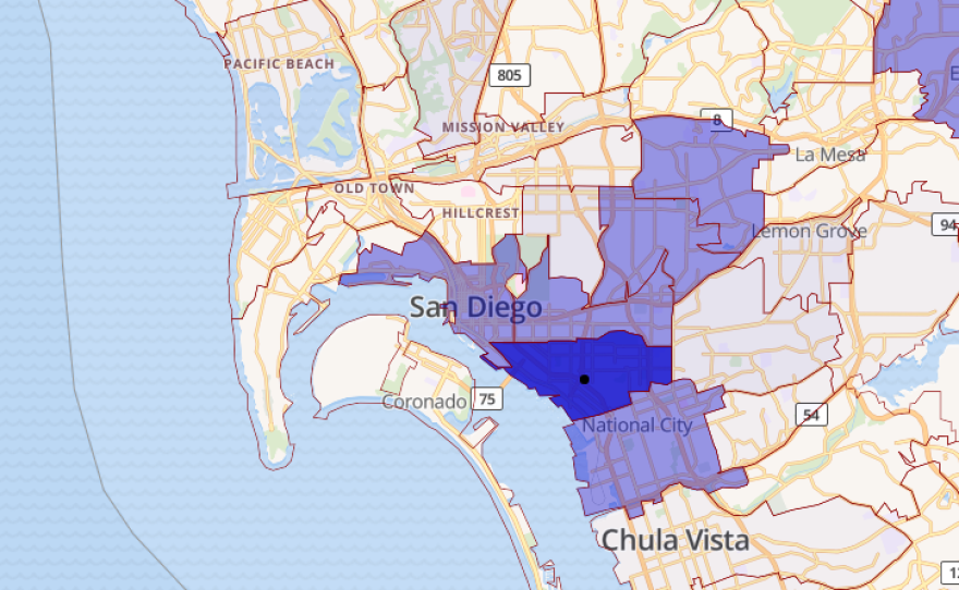 A map shows the poverty rate in the San Diego region. The two maps indicate the highest concentration of drivers license suspensions for failure to appear or failure to pay tickets overlaps with the highest poverty rates in Logan Heights, Golden Hill, North Park, City Heights, College Grove and National City. 