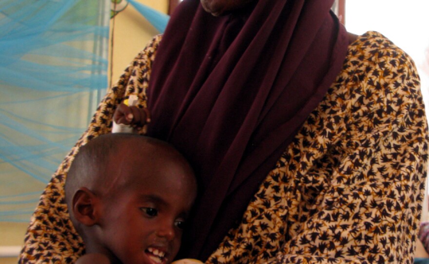 Hawa Hassan cradles her grandson, Adan Abdon, 3, who is suffering from malnutrition. Adan's mother died during the 30-day walk from southern Somalia to Kenya.