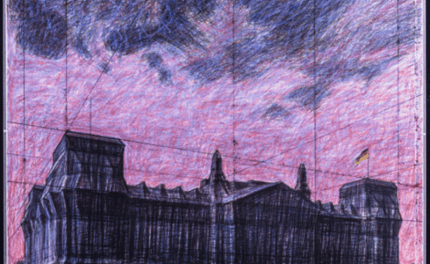 Christo , Jeanne-Claude, Wrapped Reichstag (Project for Berlin), 1991 pencil, fabric, pastel, charcoal, twine, wax crayon and map, collage in two parts. Collection Museum of Contemporary Art San Diego, Gift of David C. Copley Foundation. ©CHRISTO 1991. Photo: André