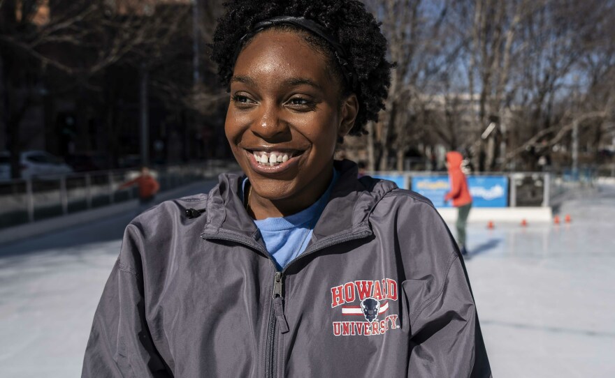 Cheyenne Walker of Howard University Ice Skating Organization on the ice at Canal Park Ice Rink in Washington, D.C.