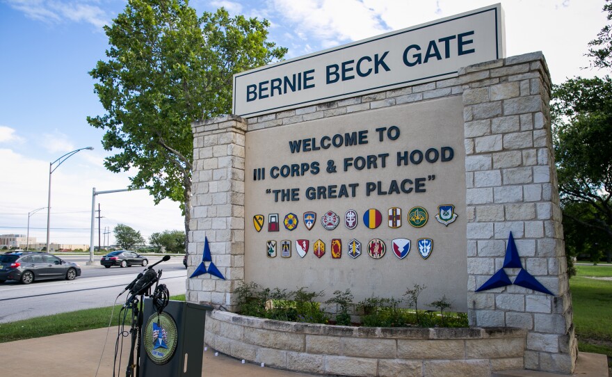 The Bernie Beck Gate at Fort Hood, Texas. An effort to remove Confederate names from military bases has broad bipartisan support in both chambers of Congress, but President Trump is vowing to veto the defense bill if the provision stays in.