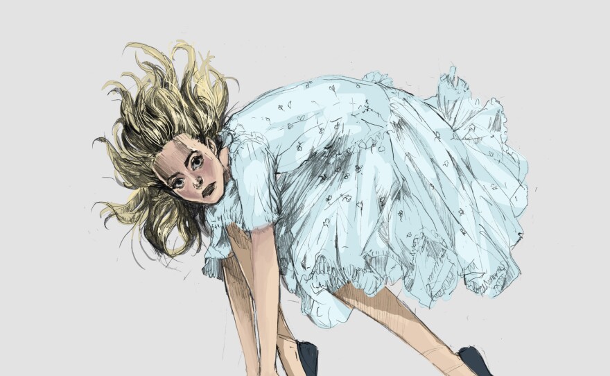 This is Atwood's sketch for Emma, a character from <em>Miss Peregrine's Home for Peculiar</em> <em>Children. </em>You can see how that costume turned out in the photo below.