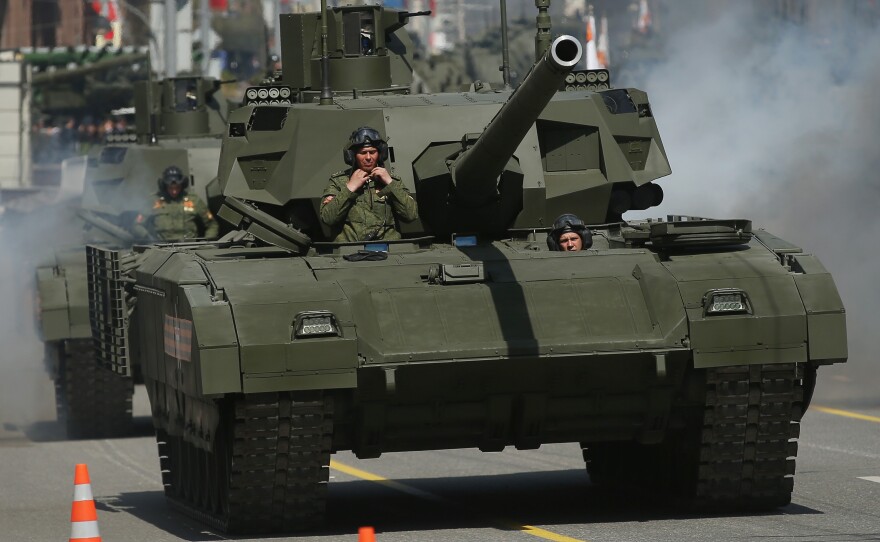 Russian Army T-14 Armata tanks drive towards Red Square to participate in the annual Victory Day Parade.