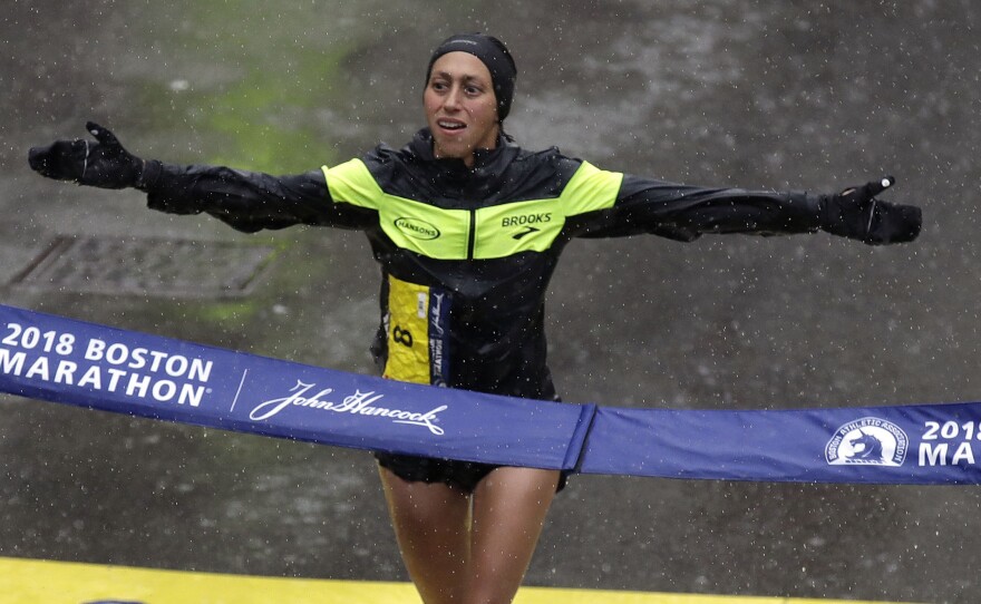Desiree Linden wins the women's division of the Boston Marathon on Monday. She is the first American woman to win the race since 1985.