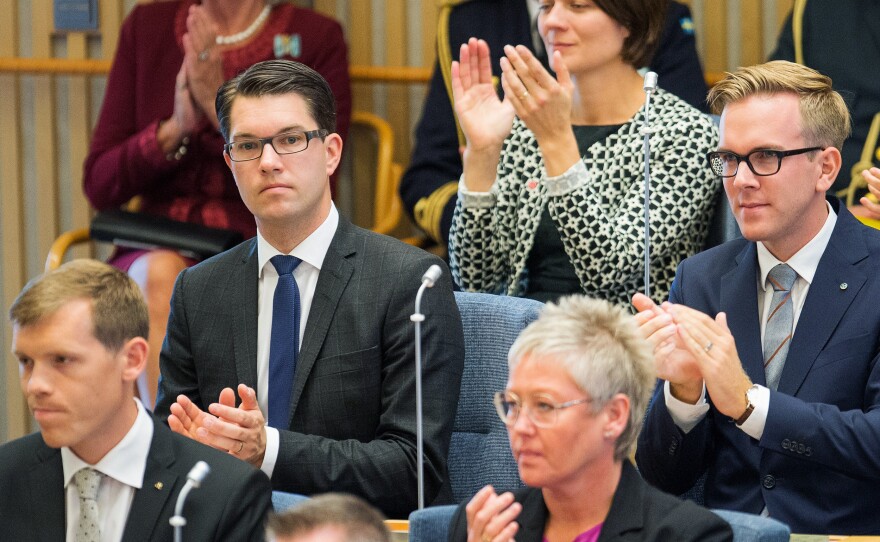 Jimmie Akesson, leader of the Sweden Democrats Party (top left), attends the opening of the Swedish Parliament in Stockholm in September.