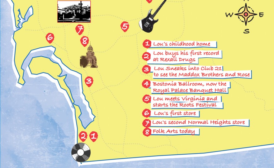 A map of San Diego detailing locations in Lou's life.