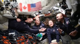 April 4: Artemis II astronauts (from left) Reid Wiseman, Jeremy Hansen, Christina Koch and Victor Glover gather for an interview en route to the moon.