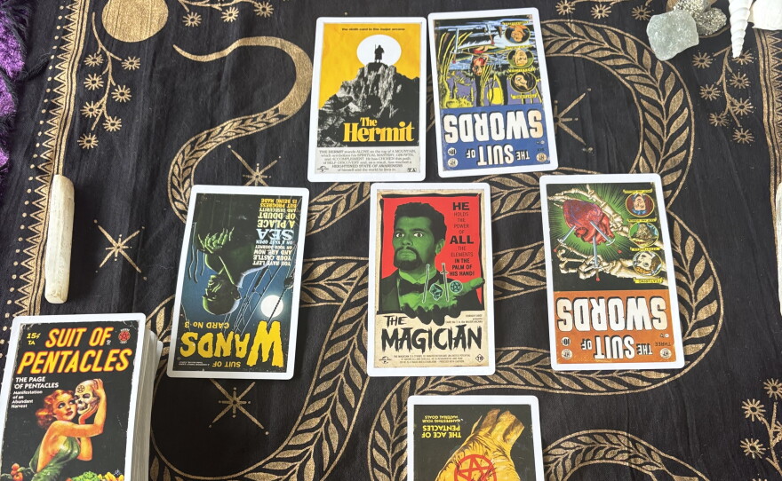 Tarot cards from one of Milo Corvino's decks are shown inside San Diego Made Factory on Aug. 5, 2026.