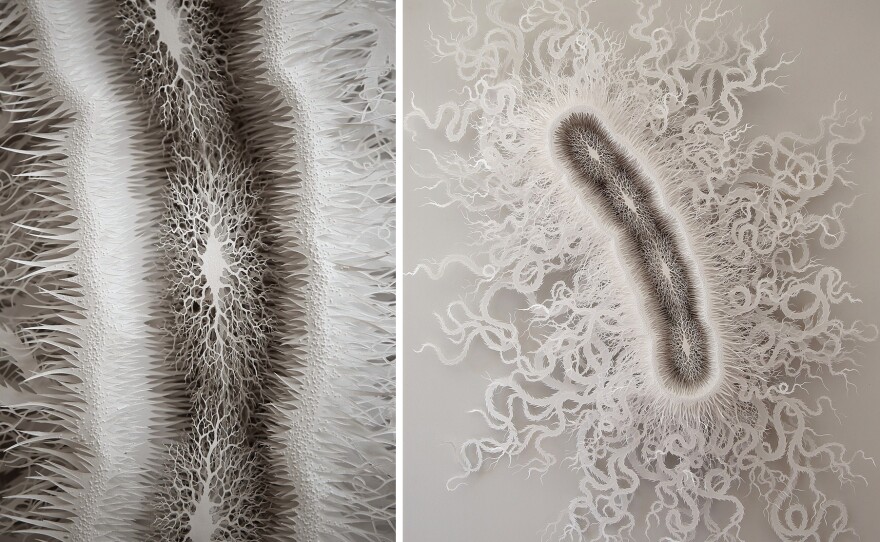 Cut Microbe, left, was cut entirely by hand. The entire sculpture, right, measures approximately 44 inches tall by 35 inches wide. Brown says it was inspired by Salmonella and E. coli.