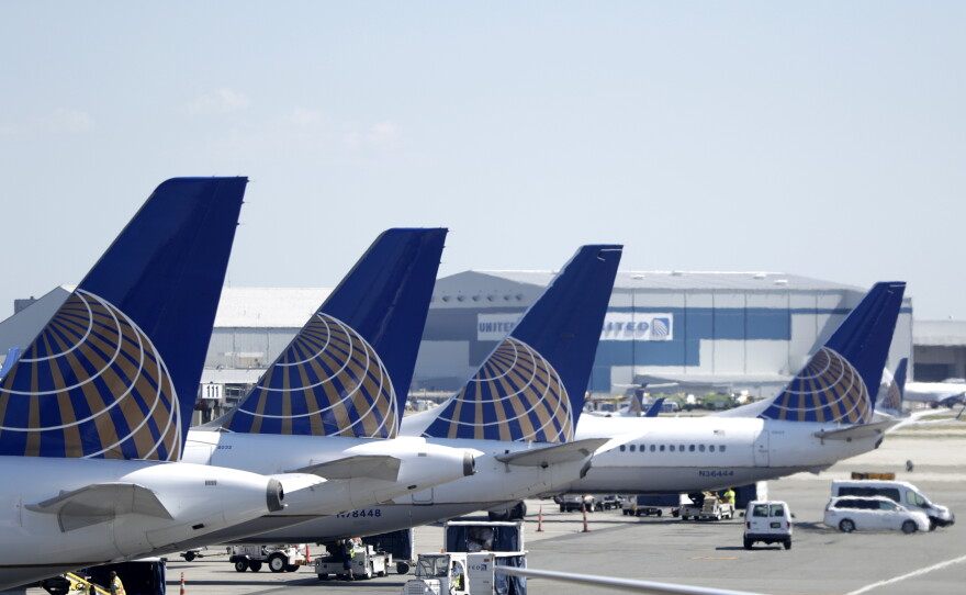 In this July 18, 2018, file photo, United Airlines commercial jets sit at a gate at Terminal C of Newark Liberty International Airport in Newark, N.J.