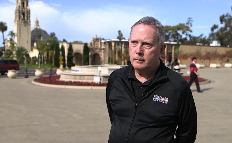 David Lundin, co-founder of the Balboa Park Heritage Association, stands in the Plaza de Panama at Balboa Park.