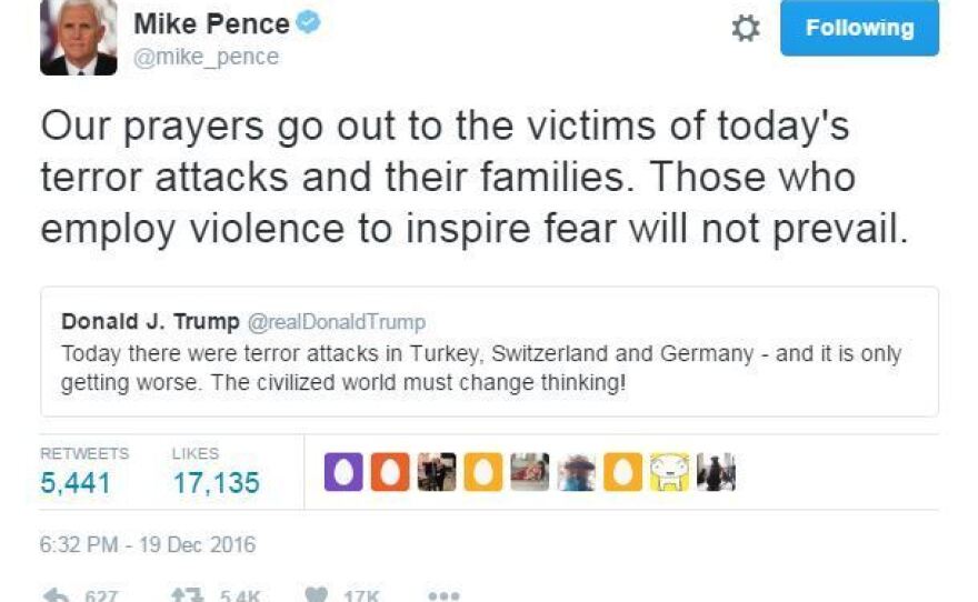 Pence retweets Trump, using language more typical of a politician.