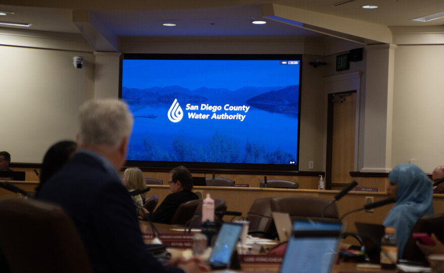 San Diego County Water Authority board members sit in their chambers' headquarters, June 25, 2026.