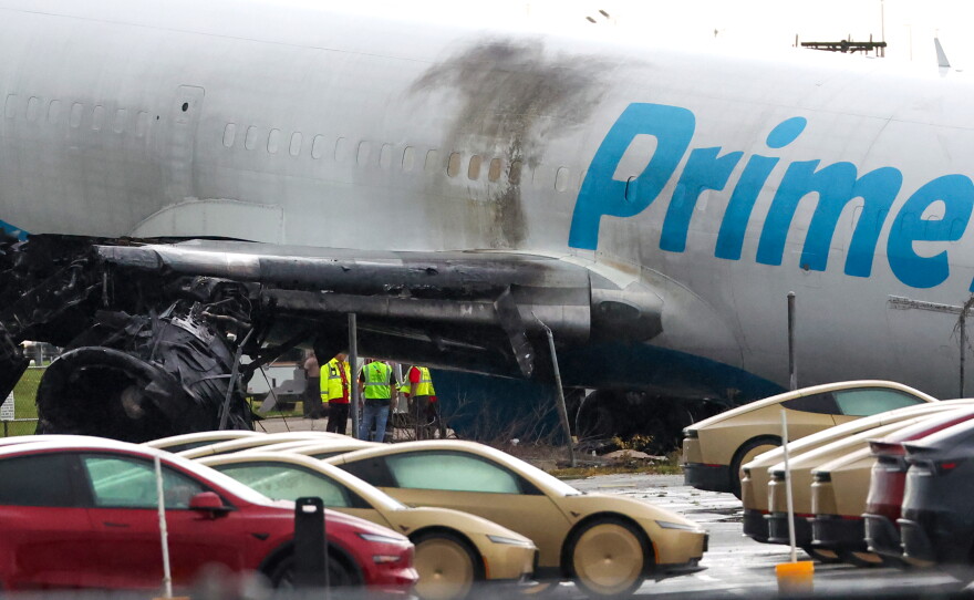 An Amazon cargo plane sits at Miami International Airport after overshooting a runway on Monday, Sept. 7, 2026, in Miami.