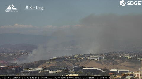 The Sorrento Fire, which has burned about 71 acres, billows smoke in the distance on Aug. 16, 2026.
