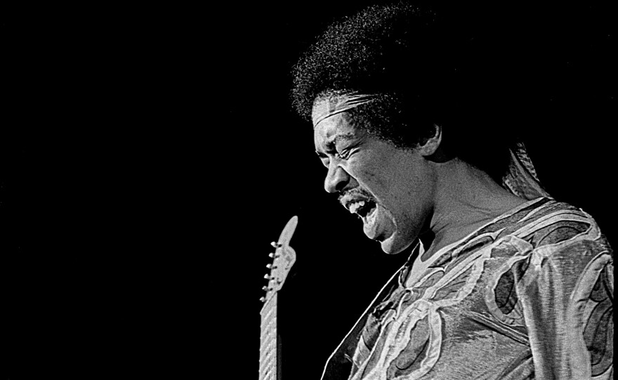 Jimi Hendrix performing at the Atlanta International Pop Festival. July 4, 1970.