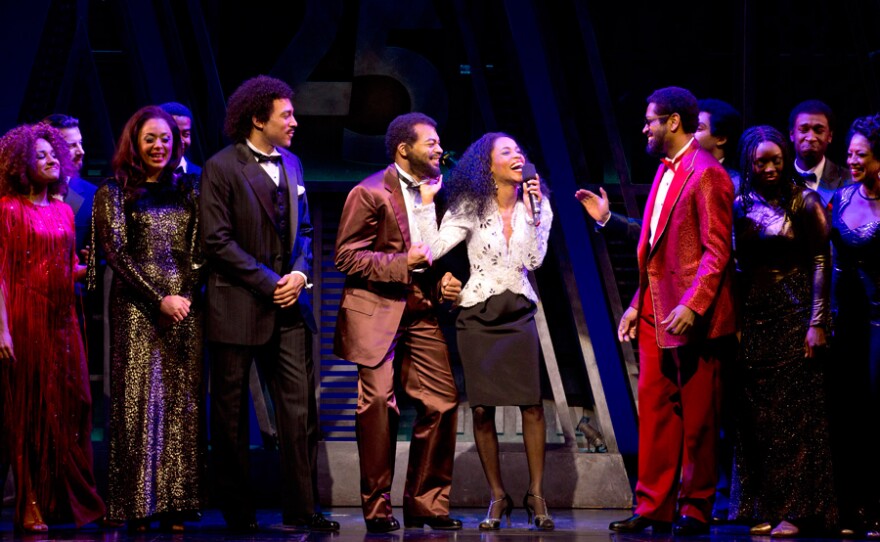 The cast of the Broadway hit "Motown The Musical" performs in this star-spangled celebration: (L to R at Center) Charl Brown (Smokey Robinson), Brandon Victor Dixon (Berry Gordy), Valisia LeKai LeKae (Dianna Ross), Bryan Terrell Clark (Marvin Gaye) and cast.