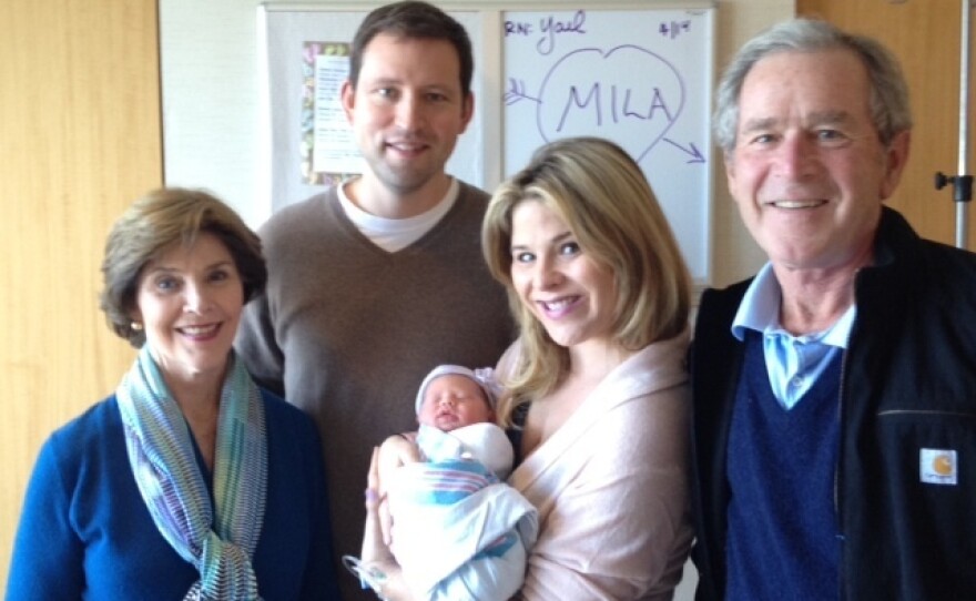 Former President George W. Bush, former first lady Laura Bush with their daughter Jenna Bush Hager (holding baby Margaret Laura "Mila" Hager) and her husband Henry Hager