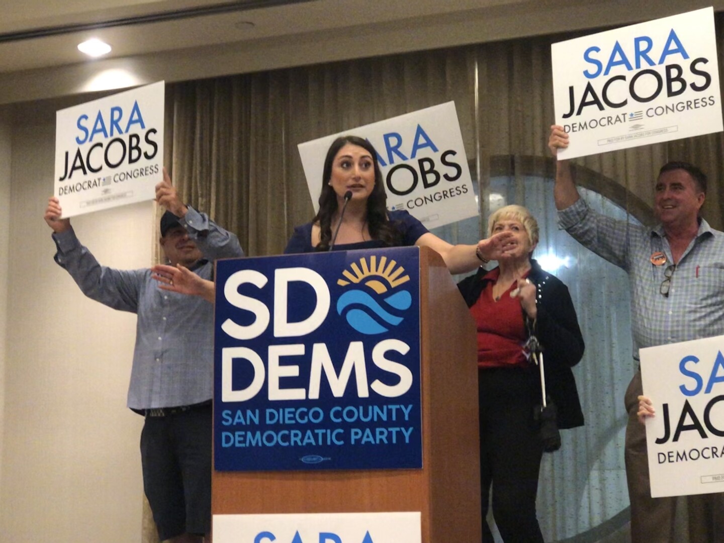 Rep. Sara Jacobs (D-San Diego) delivers remarks at the county's Democratic Party election event in the downtown San Diego on Nov. 8, 2022.