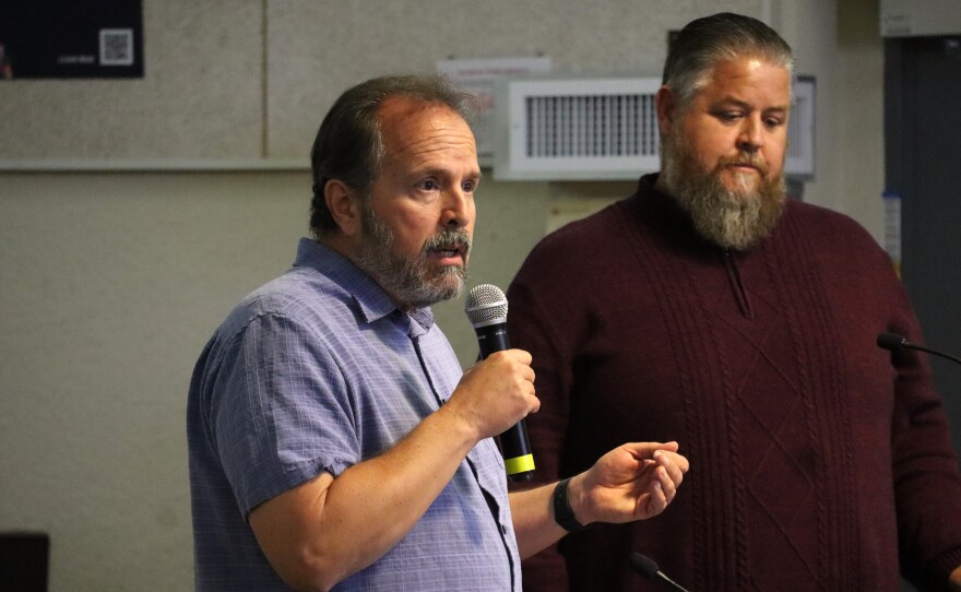 Mira Mesa High School education specialist Joe Sabeh (left) and Principal Jeff Sabins at a San Diego Unified School District board meeting on Tuesday, Oct. 14, 2025.
