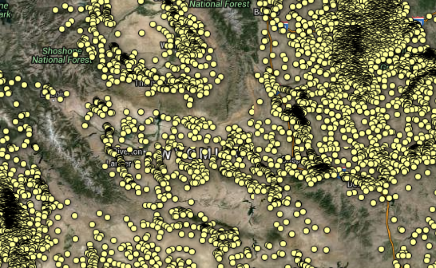 A map by Inside Energy shows abandoned wells in Wyoming.