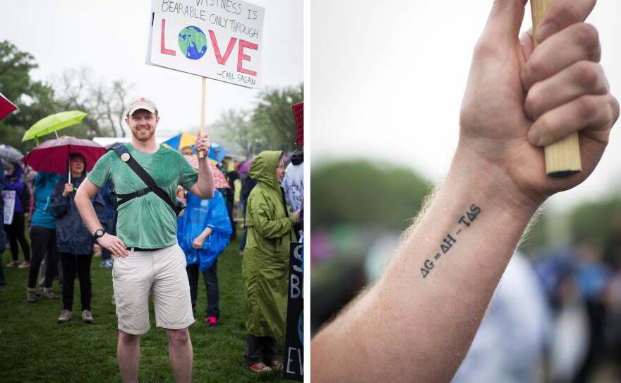 Brad Slocum researches forms of ceramics that allow for more efficient spacecraft. He says he's such a fan of one late 19th century scientist named Josiah Gibbs, that he tattooed Gibbs' free energy equation on his arm.