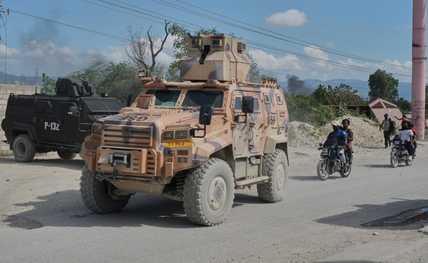 Armored police vehicles that are part of the Gang Suppression Force (GSF) patrol the Tabarre neighborhood of Port-au-Prince, Haiti, Monday, Oct. 19, 2026.
