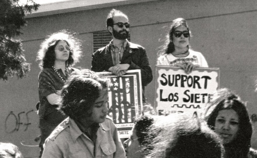 Yolanda López (far right) is pictured at a rally at Holly Park in San Francisco.