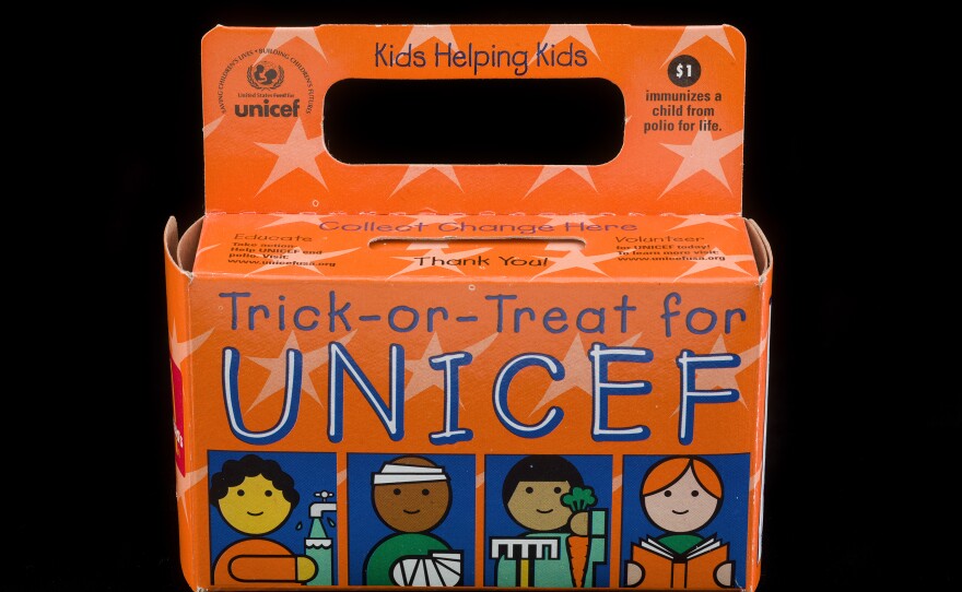 A UNICEF Halloween collection box, late 1990s. Amid concerns about world affairs after World War II, Americans were encouraged to donate to international relief. Philanthropy became the human face of global American influence and organizations and foundations frequently funded projects led by the United Nations.
