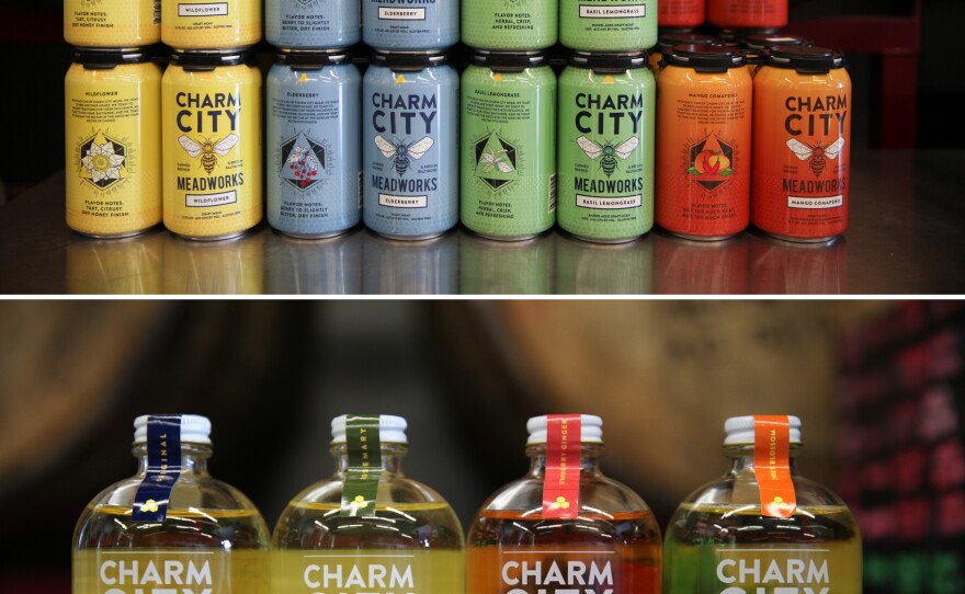 Charm City Meadworks serves up cans of carbonated mead with alcohol contents similar to beer (top) and bottles of still mead with alcohol contents more comparable to wine (bottom).