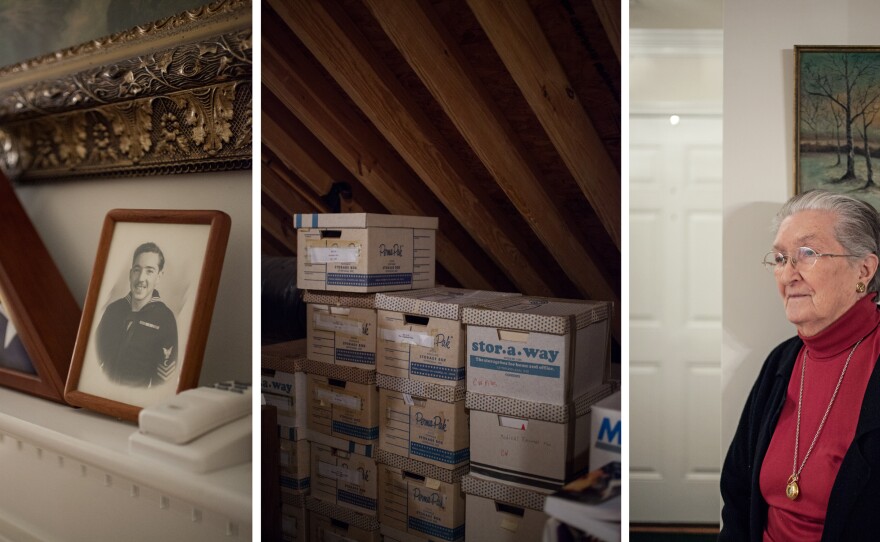 Relics from Nat Schnurman's activism still decorate the family home where his wife, Joy (pictured, far right), lives. Boxes of medical records — his and those of other veterans — fill the attic, along with handwritten notes and appeals to the VA.