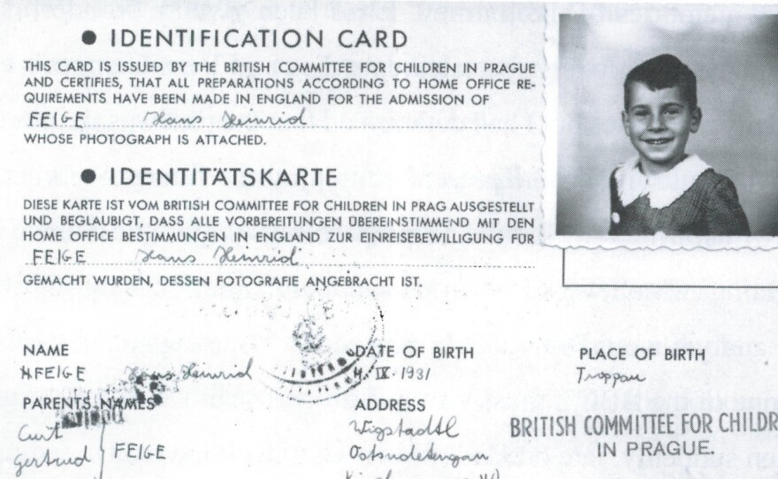 A copy of John Fieldsend's 1939 travel documents, arranged by Nicholas Winton. On these documents, Fieldsend is listed under his birth name, Hans Heini Feige.