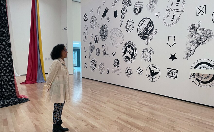 Artist Celia Álvarez Muñoz is shown observing part of her installation, "Fibra y Furia," on March 14, 2023.