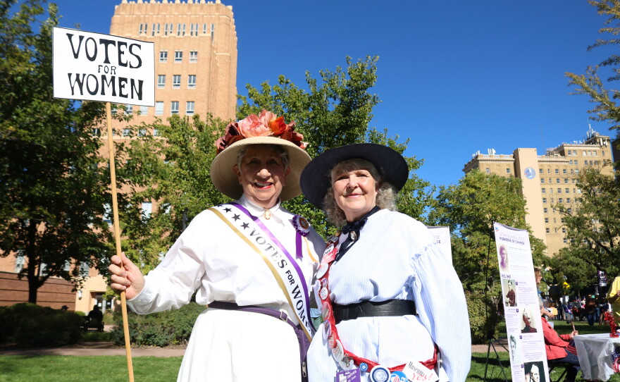 Debra Marin, left, dressed as a suffragist (down to the bloomers), and Carolyn Quinn at a No Kings rally in Ogden, Utah, Oct. 17.