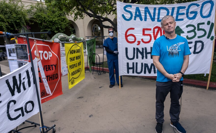 John Brady a homeless advocate from Lived Experience Advisors spoke out against San Diego Mayor Todd Gloria’s proposal to make urban camping illegal if shelter beds are available, San Diego, June 9, 2023.<br/>