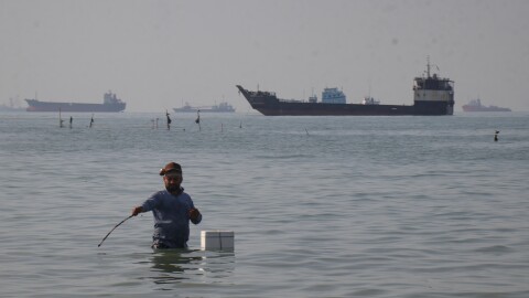 A man stands in the water, appearing to fish, as bulk carriers, cargo ships, and service vessels line the horizon in the Strait of Hormuz off Bandar Abbas, Iran, Monday, April 27, 2026.