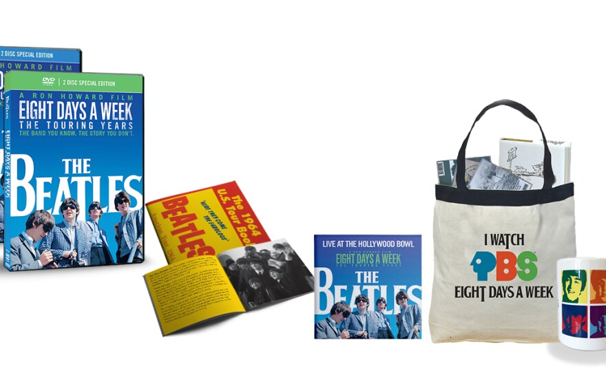 Give $25/month or 300 and receive the combo including the program 2-Blu-ray set; "The Beatles: Live at Hollywood Bowl" CD; exclusive 1964 Tour Book; the exclusive Beatles and PBS co-branded mug; tote. This gift includes a KPBS License Plate Frame (if you're a new member). Also enjoy access to KPBS Passport and myKPBS Film Club. There are 2 other combo packages available at the $120 level and the $240 level.