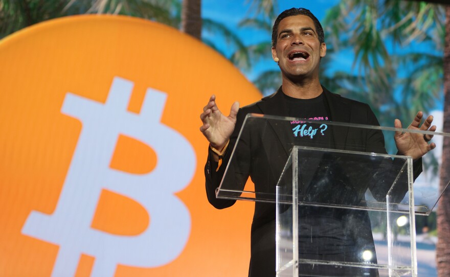 Miami Mayor Francis Suarez speaks at the Bitcoin 2021 Convention, a crypto-currency conference held at the Mana Wynwood convention center in Miami on June 4. Suarez is aggressively pitching Miami as a top destination for cryptocurrency companies.